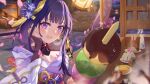  1girl absurdres armor back_bow blue_pupils blunt_bangs blurry blurry_background blush bow breasts bridal_gauntlets cherry_blossoms cleavage clothing_cutout commentary_request dango embarrassed falling_petals fan_hair_ornament flower flower_ornament food genshin_impact gradient_hair hair_ornament hand_on_own_cheek hand_on_own_face highres japanese_clothes large_breasts long_hair long_sleeves looking_at_viewer looking_to_the_side mole mole_under_eye multicolored_hair neck_ribbon off_shoulder open_mouth petals pink_petals pov purple_eyes purple_flower raiden_shogun red_ribbon red_sash ribbon sash shade shoulder_armor shoulder_cutout solo steaming_food tu_pao_diao_yu_shao upper_body wagashi wide_sleeves 