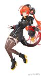  1girl absurdres asymmetrical_gloves black_hat black_hoodie black_horns black_pantyhose chicken_dduck dragon_girl dragon_horns fingerless_gloves full_body gloves hair_between_eyes hat high_heels highres hood hoodie horns long_hair magus_(zenless_zone_zero) mechanical_tail mismatched_gloves open_mouth orange_hair orange_pupils orpheus_(zenless_zone_zero) pantyhose single_fingerless_glove tail twintails white_background yellow_gloves zenless_zone_zero 