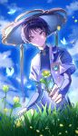  1boy arms_at_sides black_bodysuit black_bridal_gauntlets black_shorts blue_butterfly blue_gemstone blue_hat blue_kimono blue_sky blue_sleeves blunt_ends bodysuit bridal_gauntlets bug butterfly closed_mouth cloud cloudy_sky crystalfly_(genshin_impact) expressionless eyeliner eyeshadow feathers flower gem genshin_impact glint glowing_butterfly gold gold_ring grass hakama hakama_shorts hat highres holding holding_flower japanese_clothes jingasa juban kimono kneeling layered_sleeves looking_at_viewer makeup male_focus mandarin_collar middle_ring nero_hanken open_clothes open_kimono outdoors pleated_shorts pom_pom_(clothes) purple_eyes purple_hair red_eyeliner red_eyeshadow scaramouche_(genshin_impact) short_sleeves shorts sidelighting sky solo wanderer_(genshin_impact) watermark white_kimono white_sleeves wispy_bangs yellow_feathers yellow_flower yellow_petals 