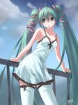  aqua_hair bad_id bad_pixiv_id cloud day dress green_eyes hatsune_miku highres long_hair railing ribbon sky solo thighhighs tongue twintails very_long_hair vocaloid yykuaixian 