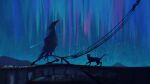  absurdres aurora bird cat commentary_request fangpeii highres hill night night_sky no_humans on_roof original power_lines shooting_star silhouette sky star_(sky) starry_sky 