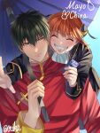  1boy 1girl ^_^ ascot black_hair black_jacket blue_background blue_eyes blush bun_cover chinese_clothes cigarette cigarette_pack closed_eyes commentary_request cosplay costume_switch double_bun gintama grin hair_between_eyes hair_bun highres hijikata_toushirou hijikata_toushirou_(cosplay) holding holding_umbrella jacket kagura_(gintama) kagura_(gintama)_(cosplay) long_sleeves looking_at_another mouth_hold oil-paper_umbrella orange_hair oukasakata purple_umbrella red_shirt shinsengumi_(gintama) shirt short_hair smile sweatdrop teeth umbrella upper_body white_ascot 