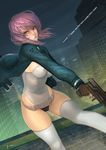  belt breasts cleavage covered_nipples fingerless_gloves ghost_in_the_shell ghost_in_the_shell_stand_alone_complex gloves gun jacket kusanagi_motoko lokman_lam loose_belt medium_breasts purple_hair red_eyes sideboob solo thighhighs weapon 