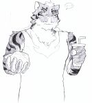 absurd_res anthro beverage burger clothing cola embarrassed felid food hi_res lin_hu male mammal nekojishi pantherine shirt soda solo studio_klondike suinduckhu tank_top tiger topwear