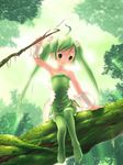  ahoge armpits bare_shoulders blush boots branch fairy forest green_eyes green_footwear green_hair green_legwear hair_bobbles hair_ornament in_tree marurur nature pointy_ears sitting sitting_in_tree solo summon_night summon_night_3 thighhighs tree twintails yonasawa 