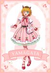  1girl absurdres aqua_eyes bag blonde_hair blush bow bowtie breasts cherry_earrings cherry_hair_ornament demon_horns dress earrings fake_horns food-themed_earrings food-themed_hair_ornament frilled_wristband hair_ornament high_heels highres hirayama_kanna horns jewelry medium_hair memcho multicolored_hair official_art one_eye_closed open_mouth oshi_no_ko pink_bow pink_bowtie pink_dress red_shoes roots_(hair) shoes short_hair shoulder_bag simple_background smile solo white_bag 