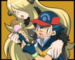  1girl age_difference amada couple fingerless_gloves food gloves hair_over_one_eye hat hetero ice_cream long_hair pokemon pokemon_(anime) pokemon_(game) pokemon_dp_(anime) pokemon_dppt satoshi_(pokemon) shirona_(pokemon) tongue very_long_hair 