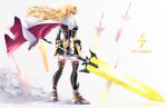  1girl bardiche_(blitz_saber_form)_(nanoha) bardiche_(nanoha) black_dress black_thighhighs blonde_hair boots cape character_name commentary copyright_name dress energy_sword fate_testarossa fate_testarossa_(blaze_iii) from_behind full_body gloves highres holding holding_sword holding_weapon long_hair looking_at_viewer looking_back lyrical_nanoha mahou_shoujo_lyrical_nanoha_detonation mahou_shoujo_lyrical_nanoha_strikers paid_reward_available red_cape red_eyes solo sougetsu_izuki standing sword thighhighs two-sided_cape two-sided_fabric weapon white_boots white_cape 