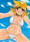  bikini blonde_hair day headband hot lune_zoldark shiny shiny_skin shu-z solo super_robot_wars super_robot_wars_original_generation super_robot_wars_the_lord_of_elemental sweat swimsuit 