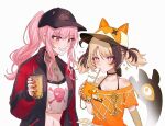  2girls ahoge baseball_cap blonde_hair brown_hair bubble_tea crop_top drink drinking_straw drinking_straw_in_mouth gigi_murin grem_(gigi_murin) happy_(yppah1060) hat highres holding holding_drink hololive hololive_english jacket long_hair mori_calliope mori_calliope_(streetwear) multicolored_hair multicolored_jacket multiple_girls navel official_alternate_costume pink_hair ponytail red_eyes short_hair simple_background skull_print smile sparkle sparkling_eyes twintails two-tone_hair two-tone_jacket virtual_youtuber white_background 