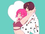  1girl armpits bad_id bad_pixiv_id black_eyes bruno_buccellati couple hair_ornament hairclip heart hetero hug hug_from_behind jojo_no_kimyou_na_bouken midriff navel negitoroberry one_eye_closed open_mouth pink_hair short_hair sweatdrop trish_una vento_aureo yellow_eyes zipper 