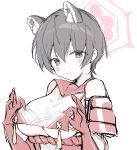  1girl animal_ears ao_(mintz) bare_shoulders blue_archive blush breast_curtain breasts closed_mouth clothing_cutout crop_top extra_ears gloves hair_between_eyes halo highres large_breasts lifting_own_clothes looking_at_viewer raccoon_ears raccoon_girl red_gloves red_halo red_sailor_collar sailor_collar school_uniform serafuku shirt short_hair side_cutout sideless_outfit simple_background sketch sleeveless sleeveless_shirt smile solo tsubaki_(blue_archive) unfinished upper_body white_background 