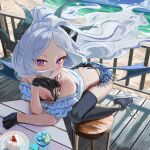  1girl absurdres ahoge black_halo blue_archive blush breasts cake chen_bingyou cloud cloudy_sky day demon_girl demon_horns demon_wings food halo highres hina_(blue_archive) horns long_hair looking_at_viewer ocean outdoors purple_eyes sitting sky small_breasts solo strawberry_cake white_hair wings 