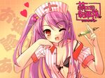  bra copyright_request fangs hair_bobbles hair_ornament heart itou_noiji lingerie long_hair nurse one_eye_closed open_clothes open_shirt purple_hair red_eyes shirt solo striped syringe underwear 