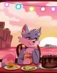 alexumka anthro blue_body blue_fur boat burger cafe cake candle canid canine canis dessert detailed_background domestic_cat domestic_dog ears_up felid feline felis fluffy food fox fries fur furniture hi_res hill inside light mammal mountain pink_body pink_fur planks restaurant salad sea sky table tip umkashka vehicle wall_(structure) wallpaper water watercraft white_body white_fur wolf yacht zhadinax