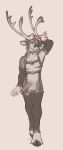 anthro antlers armwear artist_name balls bell bell_collar bell_harness clothing collar deer erection front_view full-length_portrait genitals grin hair harness hi_res horn humanoid_genitalia humanoid_penis hybrid_genitalia hybrid_penis legwear looking_at_viewer male male_anthro mammal medial_ring medial_ringed_humanoid_penis medial_ringed_hybrid_penis monochrome navel neck_tuft new_world_deer penis portrait reindeer seraphictiger short_hair simple_background smile solo standing text tuft