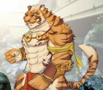 abs anthro breasts cuson exposed_breasts felid jewelry lin_hu male male/male mammal necklace nekojishi pantherine smile solo studio_klondike tiger