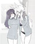  2girls absurdres animal_ears blue_archive blush bra breasts breath commentary_request dog_ears female_sensei_(blue_archive) halo hand_on_another&#039;s_waist highres kanna_(blue_archive) large_breasts limited_palette long_hair multiple_girls open_clothes open_shirt panties sensei_(blue_archive) senta_(ysk_0218) smile sweat towel towel_around_neck underwear yuri 