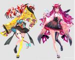  2girls :d alternate_costume animal_ears asymmetrical_legwear asymmetrical_wings black_choker black_collar black_hair black_hakama black_sash black_skirt black_socks black_thighhighs blue_eyes bow bright_pupils choker closed_mouth collar colored_tips commentary commission crossed_bangs crystal_wings detached_wings dice_hair_ornament double-parted_bangs double_halo earrings english_commentary extra_ears floral_print floral_print_kimono flower_earrings frilled_hakama frilled_kimono frills full_body furisode_sleeves garter_straps hair_between_eyes hair_ornament hakama hakama_short_skirt hakama_skirt hakos_baelz halo heterochromia highres hololive hololive_english horns irys_(hololive) japanese_clothes jewelry kanzashi kimono long_hair looking_at_viewer low-tied_long_hair mismatched_legwear mismatched_wings mouse_ears mouse_girl mouse_tail multicolored_hair multiple_girls o-ring o-ring_thigh_strap obi open_mouth outstretched_arms pink_kimono pointy_ears print_kimono purple_eyes purple_hair red_hair sash sidelocks simple_background single_garter_strap single_thighhigh skirt smile socks sowon spiked_collar spikes star_halo streaked_hair tabi tail tail_bow tail_ornament thigh_strap thighhighs tsumami_kanzashi twintails uneven_legwear uneven_twintails very_long_hair virtual_youtuber waist_bow white_hair white_pupils white_socks wide_sleeves wings yellow_kimono yellow_thighhighs 