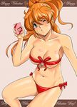  bikini blonde_hair blue_eyes excellen_browning happy_valentine long_hair one_eye_closed shiny shiny_skin shu-z side-tie_bikini solo super_robot_wars swimsuit valentine 