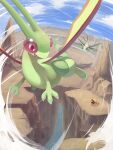  black_eyes blue_sky canyon claws cloud commentary desert dragon dragon_star213 evolutionary_line fangs flygon flying green_wings highres insect_wings looking_at_another looking_down no_humans open_mouth outdoors pokemon pokemon_(creature) river sky smile standing tail trapinch vibrava wind wings 