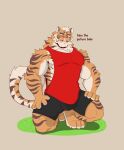 anthro bottomwear clothing crouching felid hi_res lin_hu male mammal moshihun nekojishi pantherine shirt shorts smile solo studio_klondike tank_top tiger topwear