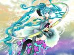  aqua_eyes aqua_hair detached_sleeves hatsune_miku hoop long_hair necktie skirt solo thighhighs twintails very_long_hair vocaloid wool_(kurokrkr) 