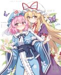  2girls absurdres blonde_hair blue_flower blue_hat blue_kimono blue_ribbon blush bow breasts bug butterfly chinese_commentary choker closed_mouth commentary_request dress elbow_gloves embarrassed english_text flower frilled_kimono frills from_behind gloves hair_between_eyes hair_ribbon hand_on_another&#039;s_shoulder hat hat_ribbon highres japanese_clothes kimono long_hair long_sleeves looking_at_viewer medium_breasts medium_hair mob_cap multiple_girls neck_ribbon petal_print pink_eyes pink_hair print_kimono puffy_sleeves purple_dress red_bow red_ribbon ribbon ribbon_choker saigyouji_yuyuko setteiset short_sleeves sleeve_bow sleeve_garter smile touhou triangular_headpiece very_long_hair white_background white_flower white_gloves white_hat wide_sleeves yakumo_yukari yellow_eyes 