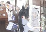  :3 =_= absurdres ahoge animal_ears animal_hairband arms_behind_back black_hair black_hat blush blush_stickers bone_hair_ornament book bow bowtie bracelet braid brown_hair closed_eyes collar commentary_request cropped cup cushion day drinking entrance facing_another facing_viewer fang flower fox_ears fox_girl from_above from_side hair_ornament hair_ribbon hat highres holding holding_book holding_cup hololive incense_burner indoors inugami_korone jewelry long_hair loose_clothes loose_shirt lying multiple_girls nekomata_okayu on_back ookami_mio oozora_subaru open_mouth out_of_frame plant ponytail potted_plant pov purple_hair reading ribbon shirakami_fubuki shirt short_hair short_twintails shorts shouji sitting skin_fang slice_of_life sliding_doors smile smoke soutanookiba sunlight t-shirt table translation_request twintails utensil v_arms virtual_youtuber white_bow white_bowtie white_hair white_shorts wolf_ears wolf_girl wooden_beam wooden_floor yellow_shirt zabuton 