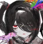  1girl ame-chan_(needy_girl_overdose) blood blood_splatter gun gun_to_head hair_ornament hair_over_one_eye handgun heart highres holding holding_gun holding_weapon implied_suicide looking_at_viewer naishukketsukata needy_girl_overdose rainbow_blood rainbow_print red_eyes red_lips short_twintails solo twintails upper_body weapon x_hair_ornament 