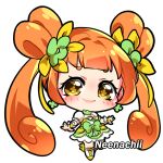  1girl artist_name blunt_bangs boots bow brooch brown_hair chibi choker closed_mouth clover_earrings commentary cure_rosetta curly_hair dokidoki!_precure double_bun dress english_commentary eyelashes flower flower-shaped_pupils footwear_bow four-leaf_clover_earrings frilled_choker frilled_dress frilled_sleeves frilled_wrist_cuffs frills green_bow green_choker green_flower hair_bow hair_bun hair_flower hair_ornament heart heart_brooch jewelry knee_boots light_blush lipstick long_hair magical_girl makeup neenachii pink_lips precure puffy_short_sleeves puffy_sleeves short_dress short_sleeves simple_background smile solo standing symbol-shaped_pupils tareme twintails very_long_hair waist_bow white_background white_boots white_sleeves wrist_cuffs yellow_bow yellow_brooch yellow_dress yellow_eyes yellow_pupils yellow_wrist_cuffs yotsuba_alice 