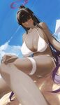  1girl absurdres alternate_costume bikini black_hair blue_archive blue_sky blush breasts contrail dark-skinned_female dark_skin feet_out_of_frame fingernails gradient_hair halo halterneck highres huge_breasts karin_(blue_archive) long_hair looking_at_viewer mm_(mhm2592) multicolored_hair navel outdoors ponytail purple_hair side-tie_bikini_bottom sidelocks sitting sky solo string_bikini swimsuit thigh_strap very_long_hair white_bikini 