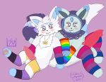 2025 absurd_res balls bisexual_pride_colors blu_shiru_(lilacmonarch) blush bodily_fluids canid cheek_tuft claireon clothing crystal_ball digital_drawing_(artwork) digital_media_(artwork) duo facial_tuft fakemon feral footwear footwear_only forehead_gem fur fur_markings gem genital_fluids genitals hand_holding hi_res infineon jewelry knot lgbt_pride lgbt_pride_month lilacmonarch looking_at_viewer male male/male mammal markings mostly_nude necklace nintendo nonbinary_(lore) nonbinary_pride_colors penis pokemon pokemon_(species) precum presenting presenting_penis pride_colors rainbow_pride_colors sitting socks socks_only soren_(endershiru) tail tuft