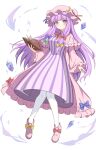  1girl absurdres blue_bow blue_gemstone blue_ribbon blush book boots bow breasts capelet chinese_commentary closed_mouth collared_capelet commentary_request crescent crescent_hat_ornament crystal dress expressionless footwear_bow frilled_capelet frilled_robe frilled_sleeves frills full_body gem green_bow hair_bow hat hat_ornament hat_ribbon highres holding holding_book knees_together_feet_apart long_hair looking_at_viewer mob_cap multiple_hair_bows open_book open_clothes open_robe pantyhose patchouli_knowledge pink_boots pink_capelet pink_hat pink_robe purple_eyes purple_hair red_bow red_ribbon ribbon robe setteiset sidelocks simple_background solo sparkle striped_clothes striped_dress touhou vertical-striped_clothes vertical-striped_dress very_long_hair white_background white_pantyhose wide_sleeves yellow_bow 