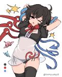 1girl ahoge arms_behind_head arms_up asymmetrical_wings black_dress black_hair black_panties black_thighhighs blue_wings blush bow breasts center_frills cowboy_shot dress frills highres houjuu_nue looking_at_viewer navel one_eye_closed open_mouth panties pointy_ears ramudia_(lamyun) red_bow red_eyes red_wings see-through_clothes see-through_dress short_hair short_sleeves side-tie_panties simple_background snake solo thighhighs thighs touhou twitter_username ufo underwear white_background wings 