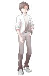  1boy arm_at_side blank_eyes blazer brown_hair cevio checkered_bracelet collared_shirt commentary_request converse dairi drooling full_body furrowed_brow grey_pants grey_shoes hand_on_own_hip highres jacket large_variant_set looking_at_viewer male_focus open_mouth pants shirt shoes short_hair sleeves_rolled_up sneakers solo standing tachi-e takahashi_amato transparent_background variant_set white_jacket white_shirt wing_collar 