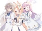  3girls :d ;d angel_wings animal_ear_fluff animal_ears ao_(mintz) blue_archive blush breasts brown_eyes commentary cosplay costume_switch cross_halo ear_wreath extra_ears feathered_wings flower flower_wreath forehead fox_ears fox_girl gradient_eyes gradient_halo hair_bun hair_flower hair_ornament halo happy highres looking_at_viewer low_wings mika_(blue_archive) mika_(blue_archive)_(cosplay) multicolored_eyes multicolored_halo multiple_girls nagisa_(blue_archive) nagisa_(blue_archive)_(cosplay) napenasupe one_eye_closed pink_hair pink_halo seia_(blue_archive) seia_(blue_archive)_(cosplay) simple_background single_side_bun sleeves_past_fingers sleeves_past_wrists smile tea_party_(blue_archive) white_background white_wings wing_ornament wings yellow_halo 