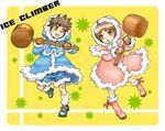  1girl :d :o artist_request brown_hair gloves hammer hood ice_climber ice_climbers nana_(ice_climber) open_mouth popo_(ice_climber) smile yellow_eyes 