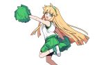  1girl bad_source blonde_hair blunt_bangs cheerleader green_eyes green_skirt hairband holding leg_up long_hair looking_at_viewer nam_seon-ji official_art open_mouth pleated_skirt pom_pom_(cheerleading) shirt shoes simple_background skirt sleeveless sleeveless_shirt smile sneakers socks solo standing standing_on_one_leg white_background white_shirt white_socks zombie_high_school 