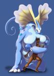 absurd_res anthro areola aurorus balls belly big_belly big_breasts blue_body blue_eyes blue_scales book breasts claws digital_drawing_(artwork) digital_media_(artwork) dinosaur duo female flaccid fossil_pokemon generation_6_pokemon genitals hair hi_res hug huge_breasts human interspecies inverted_nipples male male/female mammal nintendo nipples nude open_mouth overweight penis pokemon pokemon_(species) prehistoric_species reading reading_book reptile scales scalie simple_background size_difference smeargle20 tail teeth thick_thighs tongue vulva