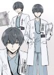  1boy calyx_(ff14) coat commentary final_fantasy final_fantasy_xiv frown gloves grey_eyes grey_hair hashtag-only_commentary highres holographic_monitor hospital_gown lab_coat looking_at_object looking_at_viewer looking_to_the_side male_focus mbomb multiple_views simple_background stylus white_background white_coat white_gloves 