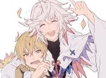 2boys arm_around_neck blonde_hair cape commentary_request fang fate/grand_order fate_(series) gauntlets gilgamesh_(caster)_(fate) gilgamesh_(fate) grey_hair jewelry leaf male_focus merlin_(fate) multiple_boys open_mouth red_eyes smile sweatdrop waltz_(tram) white_cape 