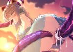  1girl arm_garter arms_up ass assault_lily backlighting bare_shoulders bent_over bikini bikini_bottom_aside blue_bikini blue_sarong blush bound bound_arms breasts censored clothing_aside cloud commentary_request commission cowboy_shot cum cum_in_mouth cum_in_pussy cum_overflow endou_araya evening frilled_bikini frills from_behind hair_between_eyes hairpods long_hair looking_at_viewer looking_back medium_breasts mosaic_censoring mototenn official_alternate_costume oral orange_sky outdoors pink_hair plaid_bikini plaid_clothes profile pussy raised_eyebrows rape restrained sarong see-through_clothes see-through_sarong skeb_commission sky solo sweat swimsuit tentacle_sex tentacles vaginal yellow_eyes 