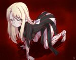  1girl absurdres all_fours ass barefoot black_dress blush body_markings breasts cosplay dark_sakura dark_sakura_(cosplay) dress fate/stay_night fate_(series) guriguri_(arayotto4351) heaven&#039;s_feel highres illyasviel_von_einzbern long_hair long_sleeves looking_at_viewer matou_sakura red_trim sidelocks small_breasts solo striped_clothes striped_dress white_hair yellow_eyes 