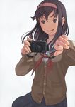  :q brown_eyes brown_hair camera cardigan hairband hands original school_uniform serafuku shizuma_yoshinori skirt smile solo tongue tongue_out 