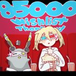  1girl 3d_glasses akutagawa_yomuko alien aqua-tinted_eyewear artificial_eye artist_request blonde_hair blush_stickers book chair commentary commentary_request cube cup cyborg disposable_cup double-parted_bangs drinking_straw english_text fangs floating floating_object food gogh:_focus_with_your_avatar hair_between_eyes highres hood hood_down hooded_jacket jacket letterboxed long_hair mechanical_ears mechanical_eye milestone_celebration mirakuro movie_theater official_art on_chair open_book open_clothes open_jacket open_mouth popcorn red-tinted_eyewear red_background second-party_source shadow shirt simple_background sitting sparkling_eyes thank_you tinted_eyewear twintails upper_body watching white-framed_eyewear white_hood white_jacket white_shirt white_sleeves 