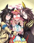  3girls absurdres agnes_digital_(umamusume) ahoge animal_ears black_hair blonde_hair blue_eyes blush bow brown_eyes brown_hair closed_mouth commentary_request constricted_pupils double_v dream_journey_(umamusume) ear_ornament eyes_visible_through_hair g_(genesis1556) gameplay_mechanics glasses goggles goggles_around_neck grey_hair hair_bow heads_together highres horse_ears horse_girl hug jewelry light_smile long_hair looking_at_viewer low_ponytail multicolored_eyes multicolored_hair multiple_girls multiple_rings nervous_sweating nose_blush panicking parted_lips pink_hair ponytail purple_eyes ring stay_gold_(umamusume) sweat trembling two-tone_hair umamusume upper_body user_interface v very_long_hair watermark white_hair wide-eyed 