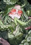  1girl biting black-framed_eyewear coat cthulhu_(koroguchi) cthulhu_mythos fur-trimmed_hood fur_trim glasses green_coat green_hair grey_sweater highres hood koroguchi long_hair looking_at_viewer monster_girl red-tinted_eyewear red_eyes ribbed_sweater round_eyewear sharp_teeth signature solo sweater teeth tentacles tinted_eyewear upper_body 