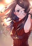  bangs blurry blurry_background brown_hair earrings floating_hair glasses jewelry long_hair looking_at_viewer necklace original parted_bangs red_vest round_eyewear shiny shiny_hair smile solo sone_(takahiro-osone) sweater turtleneck turtleneck_sweater upper_body vest watch wristwatch 