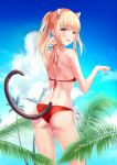  :d animal_ears ass bikini blonde_hair blue_eyes blue_sky blush breasts brown_tail byn6 cat_ears cat_tail cloud highres long_hair looking_at_viewer looking_back open_mouth original outdoors palm_tree ponytail red_bikini sideboob sidelocks sky small_breasts smile solo standing summer swimsuit tail tree 